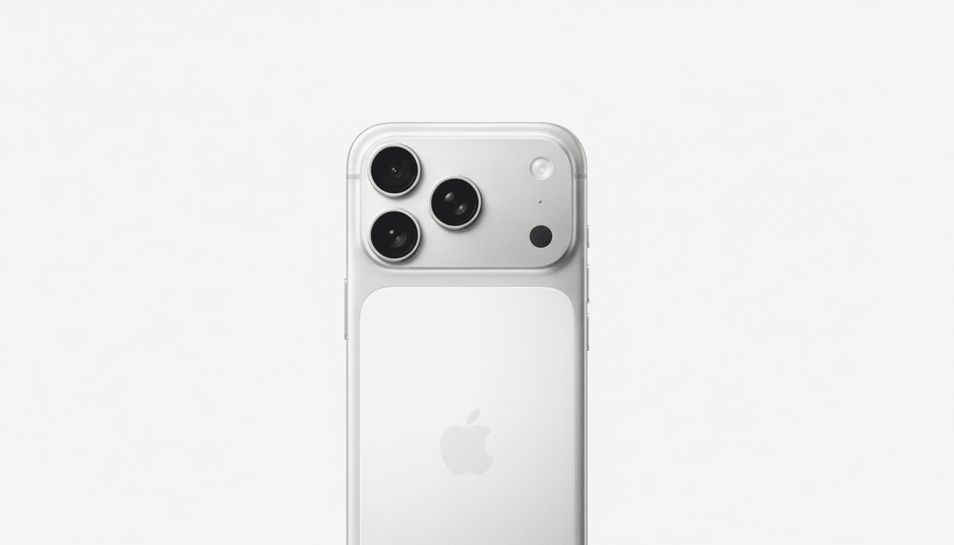 A white iPhone with three camera lenses and the Apple logo, presented in a 16:9 aspect ratio on a clean white background.