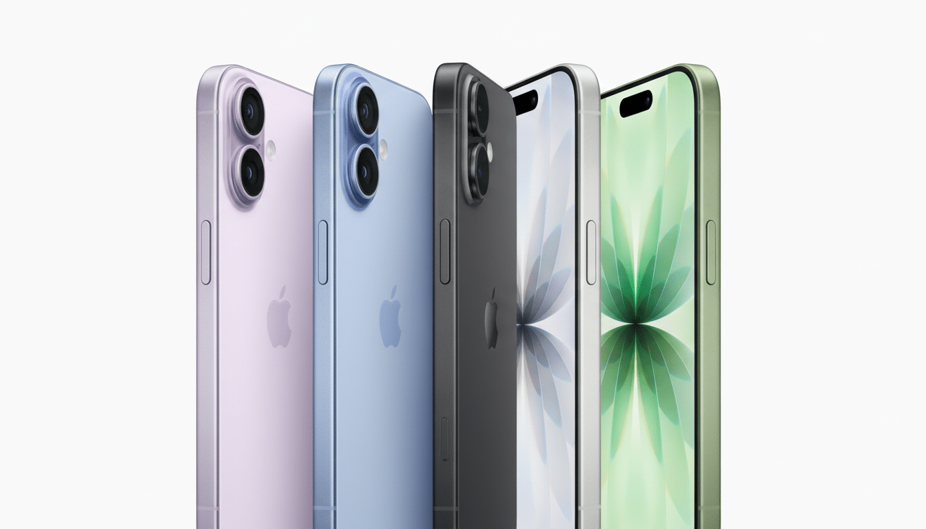 Four iPhones in different colors (purple, blue, black, and green) are displayed side-by-side against a white background, showcasing their sleek design and camera modules.