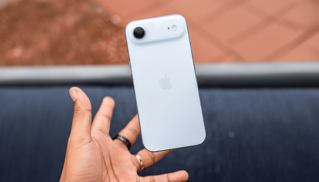 A hand holding a white iPhone with a single camera lens, resized to a 16:9 aspect ratio.