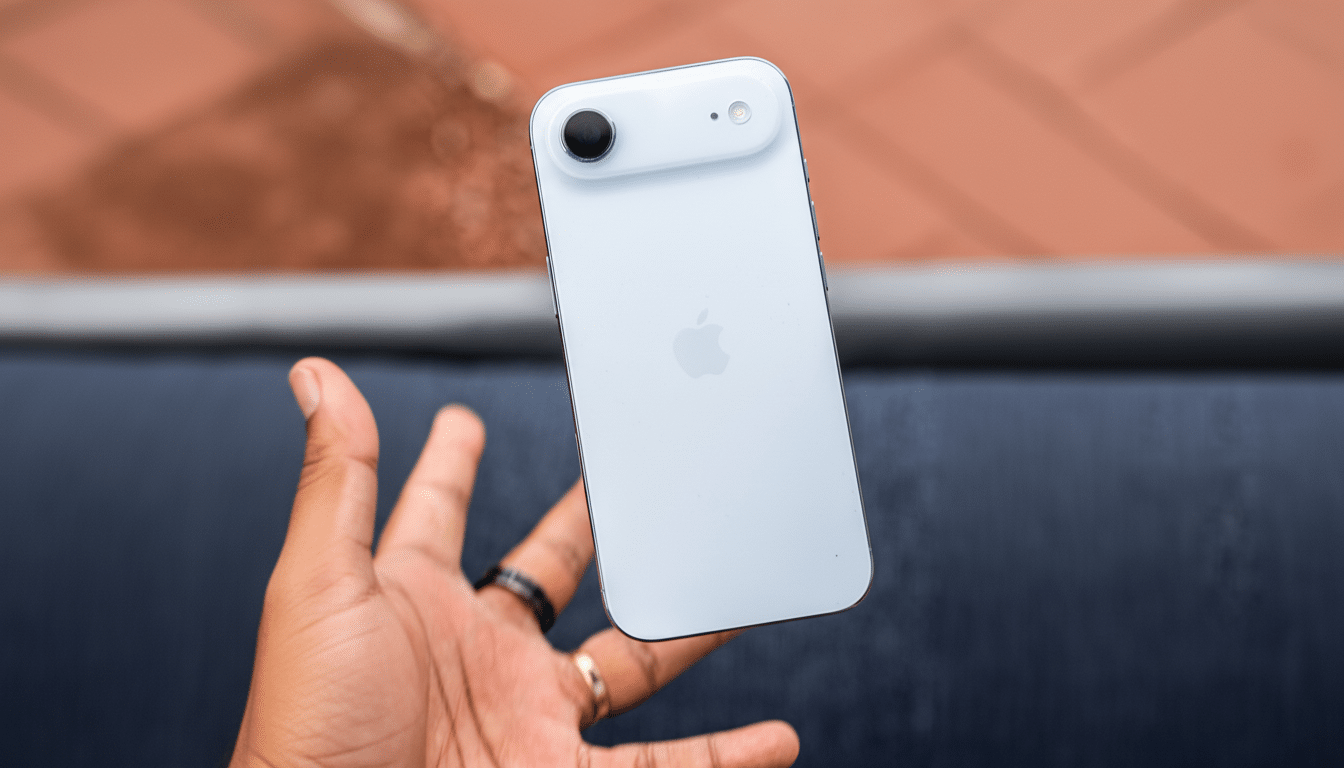 A hand holding a white iPhone with a single camera lens, resized to a 16:9 aspect ratio.