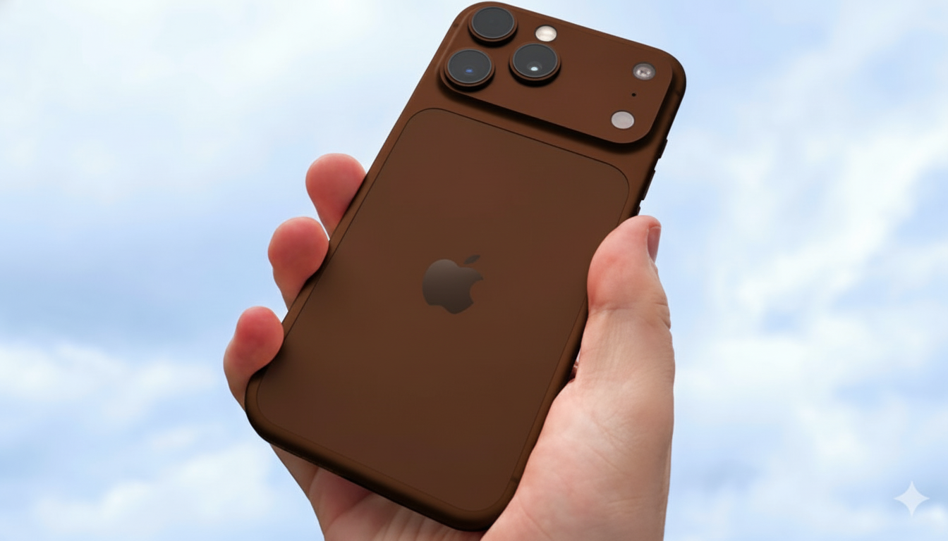 A hand holding a brown iPhone with a triple camera setup against a cloudy sky.