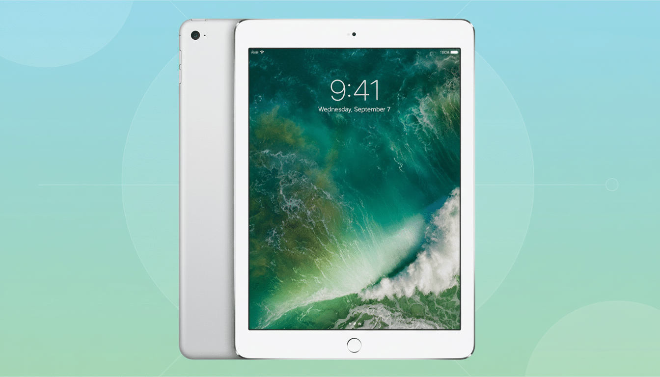 A white iPad with a screen displaying a wave image and the time 9:41, set against a professional flat design background with soft blue and green gradients and subtle circular patterns.