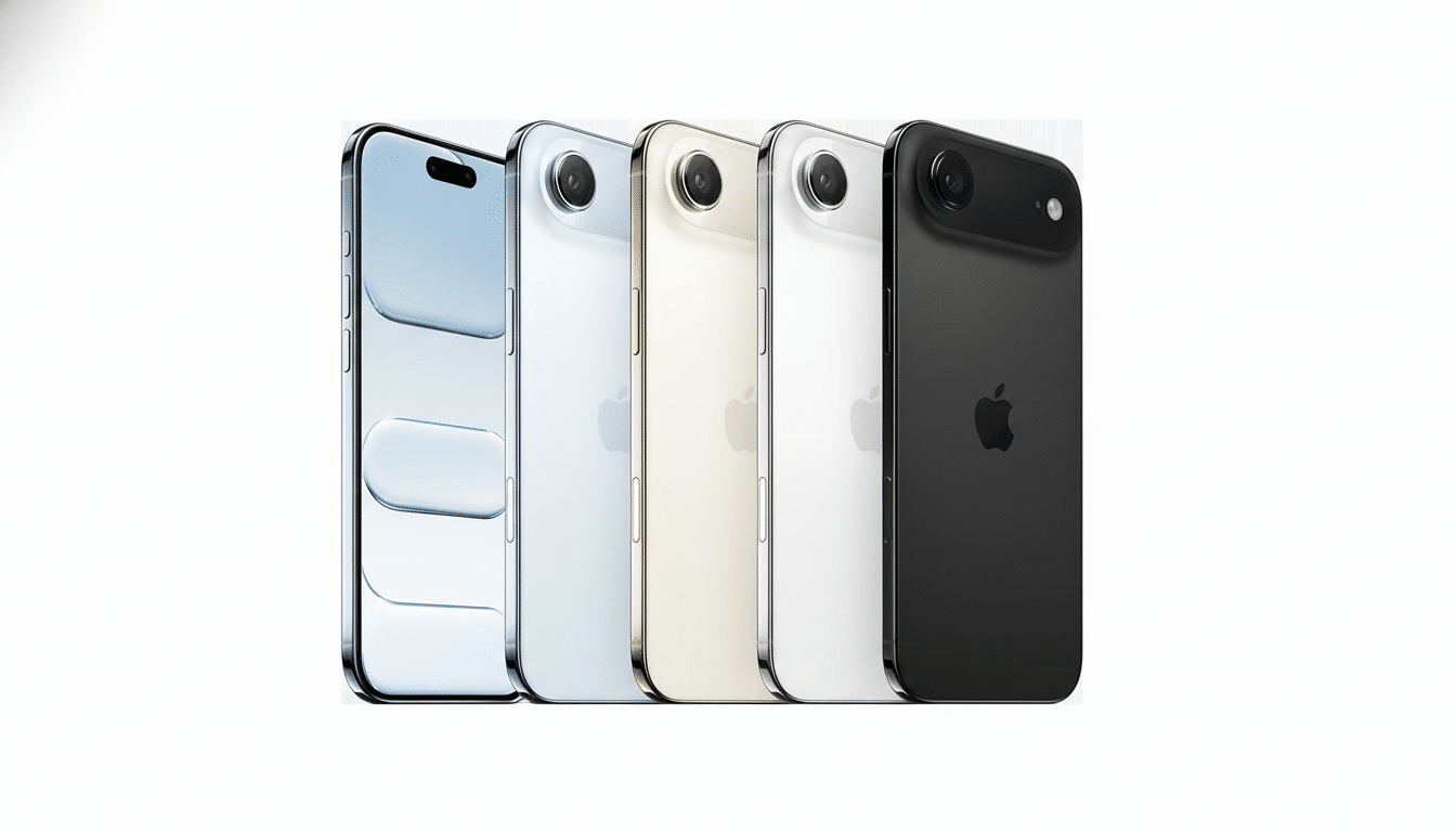Five iPhones in different colors (blue, silver, gold, white, and black) are arranged in a row, slightly angled, against a clean white background.