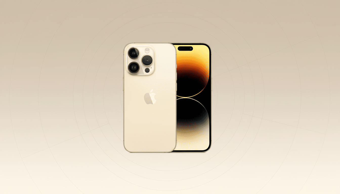A gold iPhone 14 Pro Max, with its back facing forward and its screen visible from the side, set against a professional light beige background with subtle circular patterns.