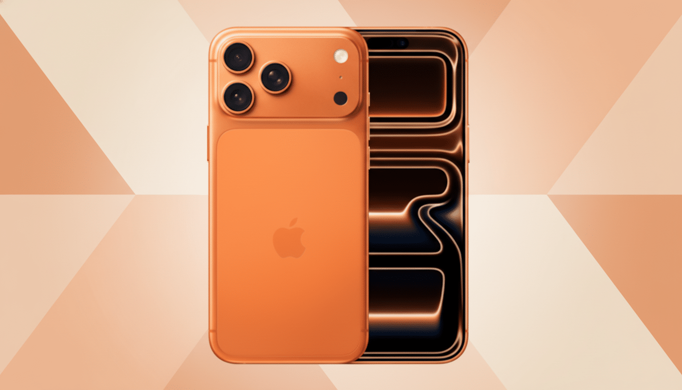 An orange iPhone with three camera lenses on the back and a glowing screen on the front, set against a professional flat design background with soft orange and white geometric patterns.