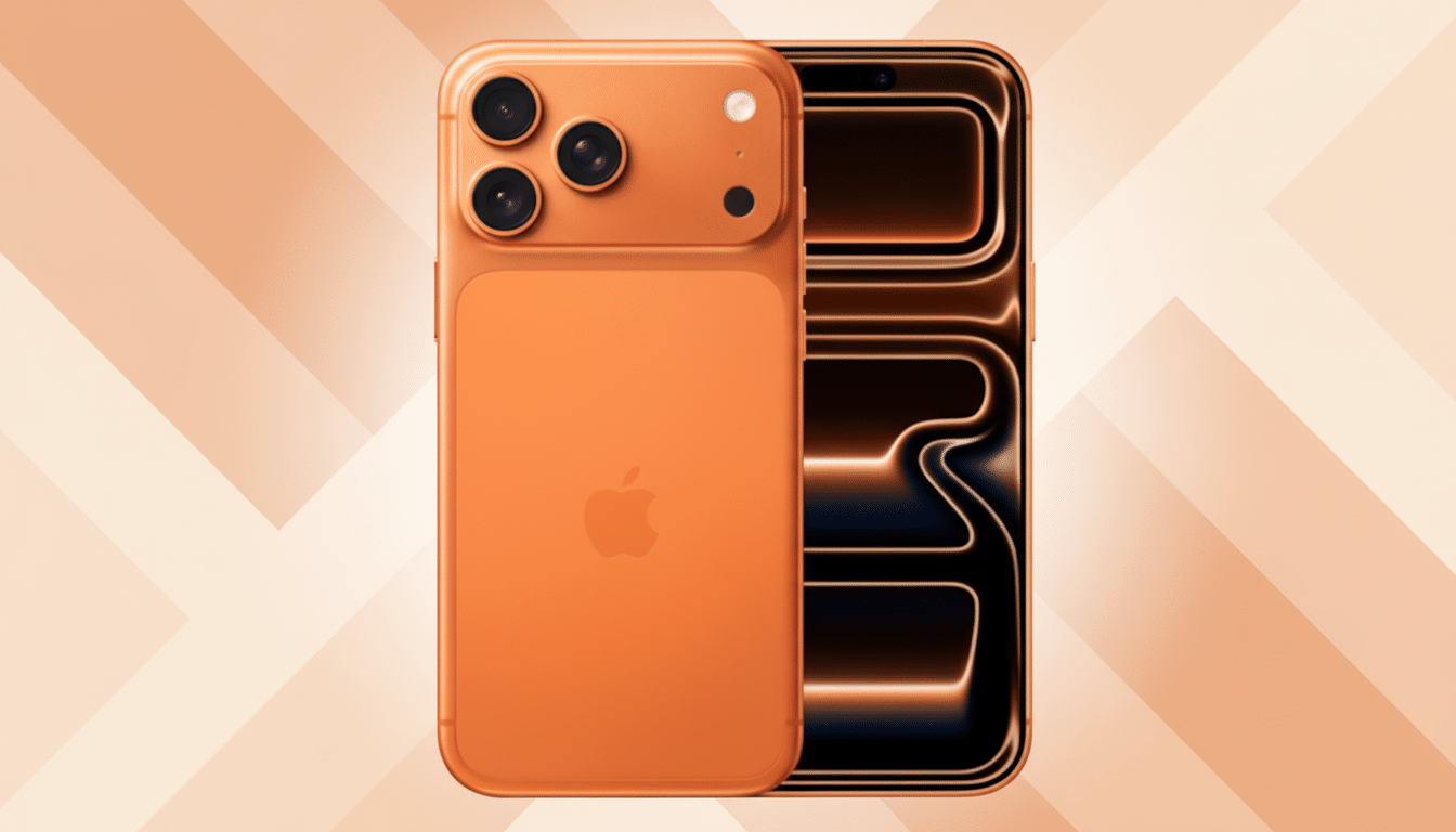 An orange iPhone with three cameras on the back and a glowing screen, presented on a professional background with soft orange and white patterns.