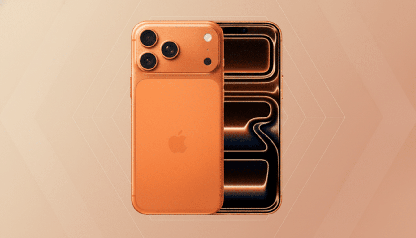 An orange iPhone with three cameras on the back and a glowing screen on the front, set against a professional flat design background with soft patterns and gradients.
