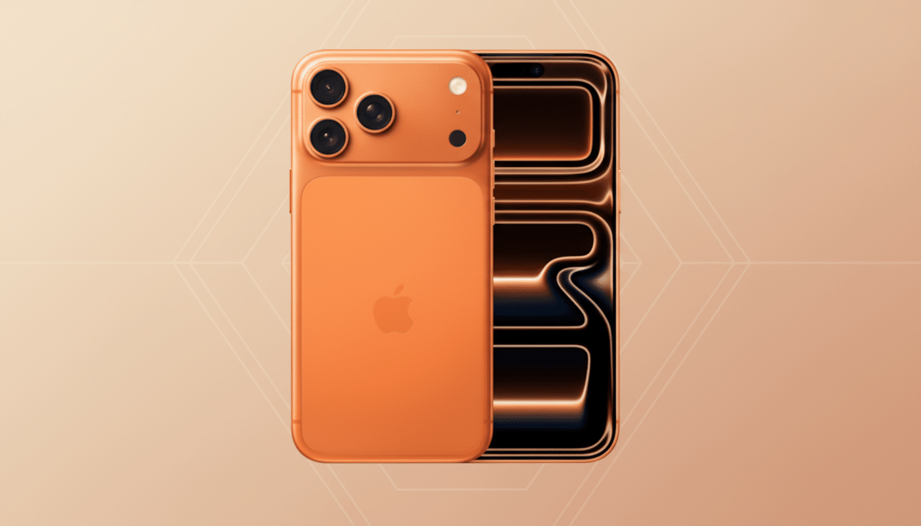 An orange iPhone with a triple camera system on the back and a glowing screen on the front, presented on a professional flat design background with soft patterns and gradients.