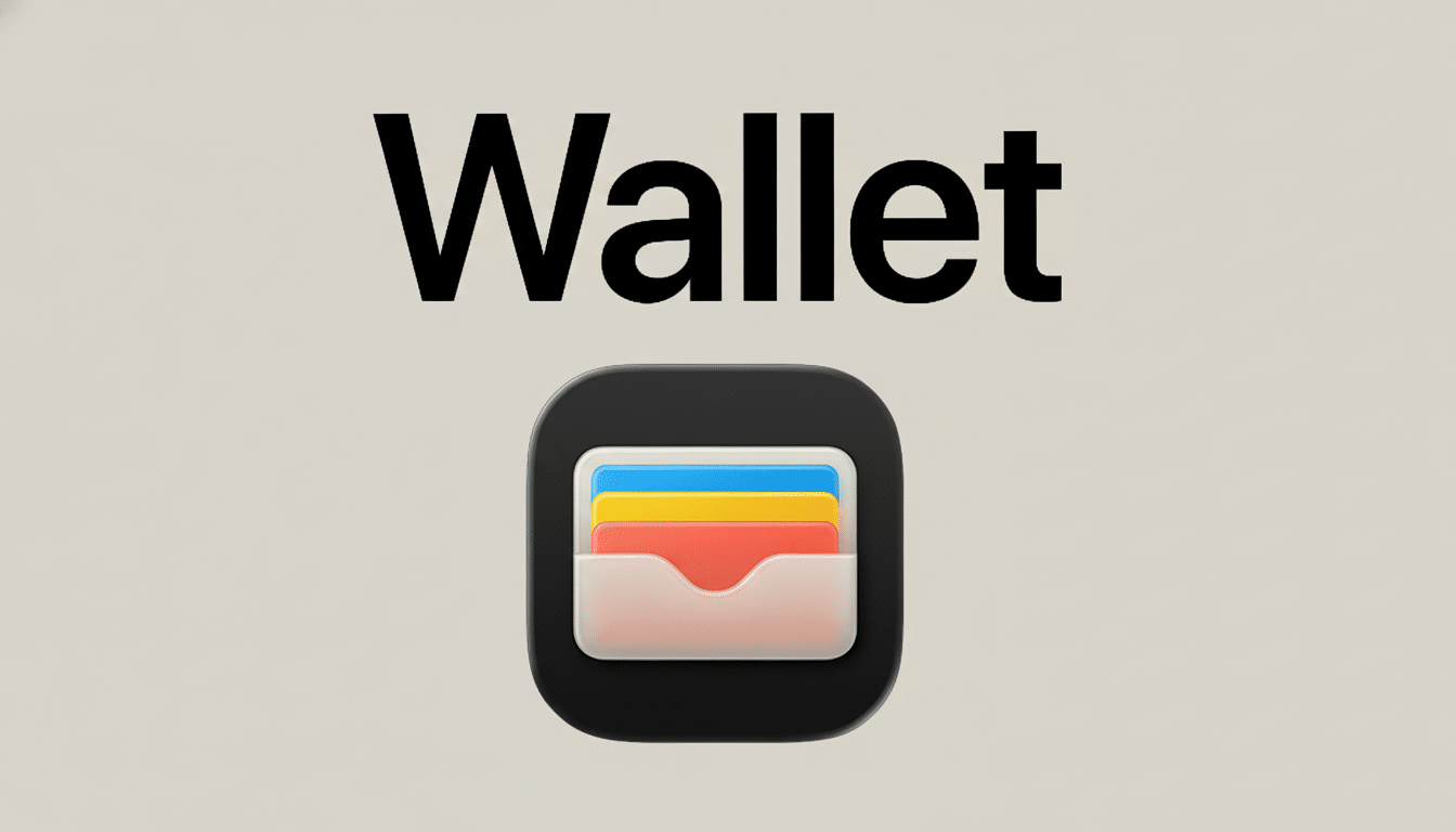 The Apple Wallet app icon and the word Wallet in black text on a light gray background.