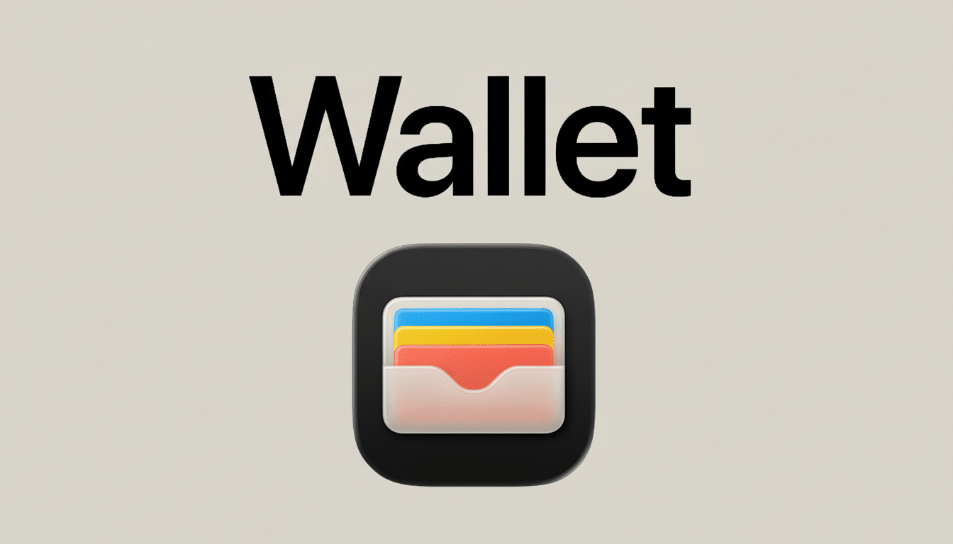 The Apple Wallet app icon and the word Wallet on a light gray background, resized to a 16:9 aspect ratio.
