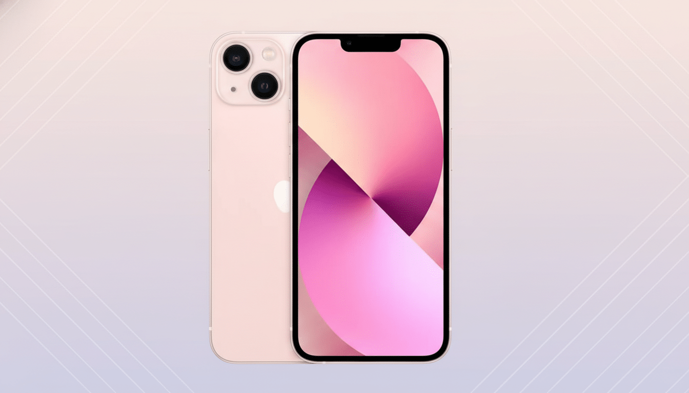 A pink iPhone 13 is displayed at a 16:9 aspect ratio, with the front and back visible. The background is a soft, professional gradient with subtle patterns.