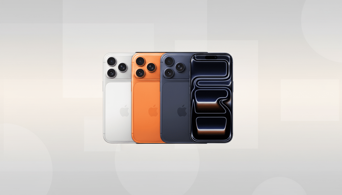 Four smartphones in white, orange, dark blue, and black, arranged in a row against a professional light gray background with subtle geometric patterns.