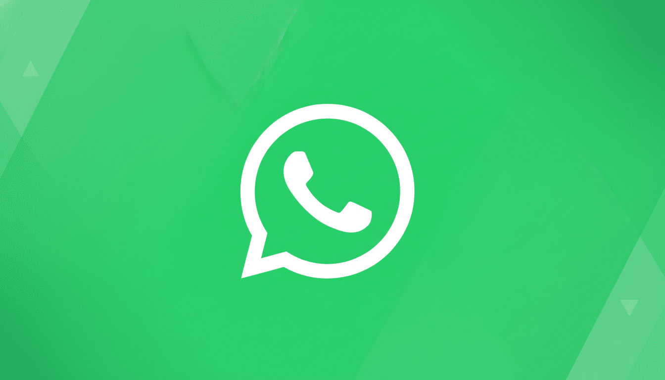 The WhatsApp logo, a white phone icon inside a speech bubble, centered on a professional green background with subtle geometric patterns and a soft gradient, resized to a 16:9 aspect ratio.