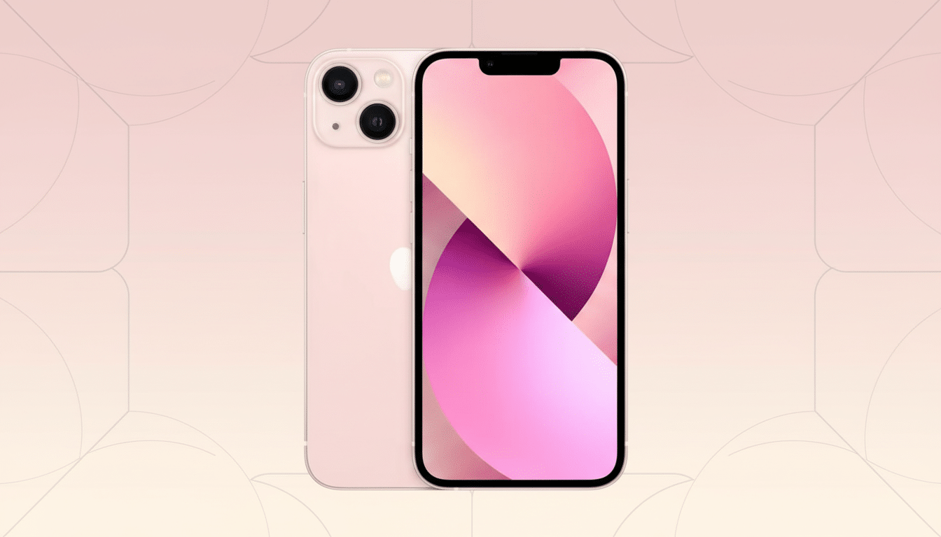 A pink iPhone 13, with its front and back visible, set against a soft pink background with subtle, light pink geometric patterns.