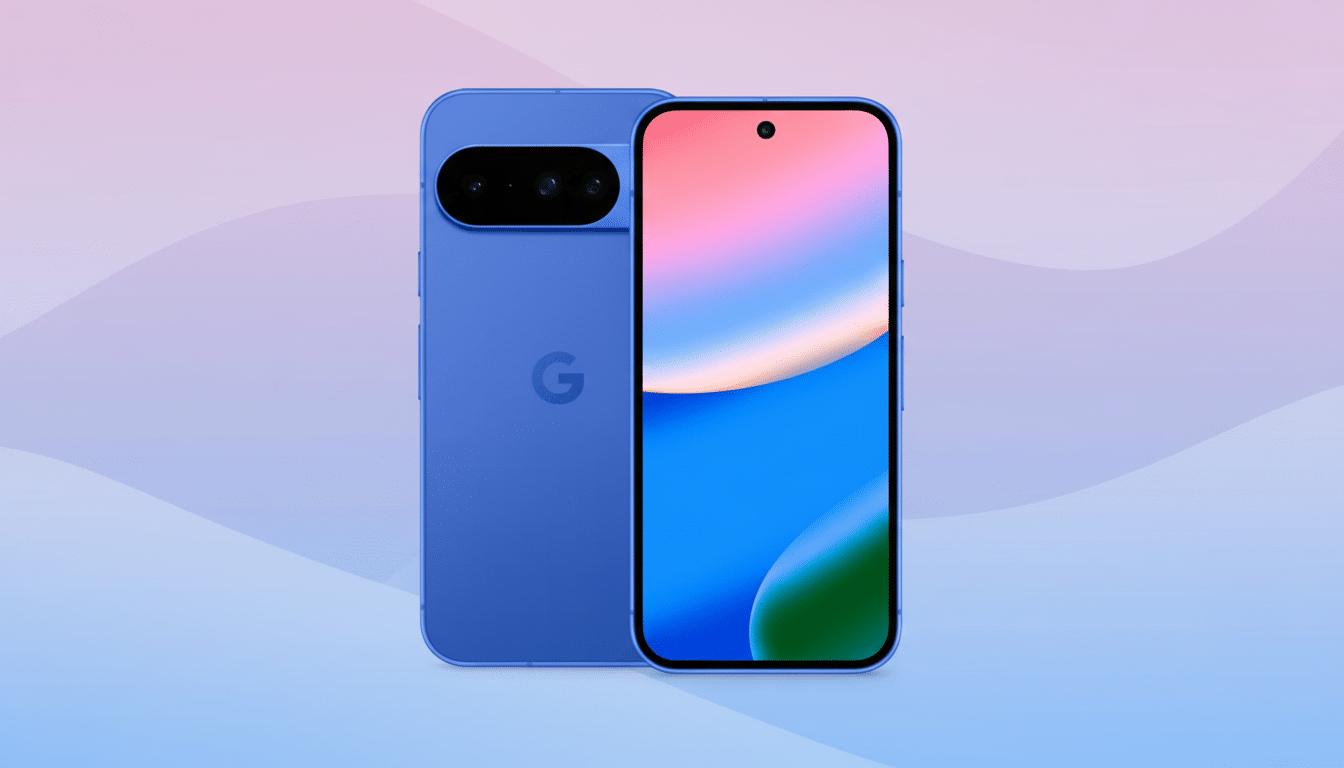 A blue smartphone with a Google logo on the back, displayed against a soft, gradient background.