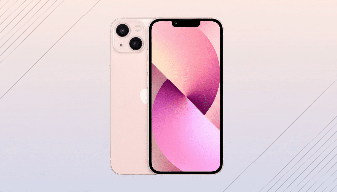 A pink iPhone 13, with its front and back visible, set against a professional flat design background with soft pink and white gradients and subtle diagonal line patterns.