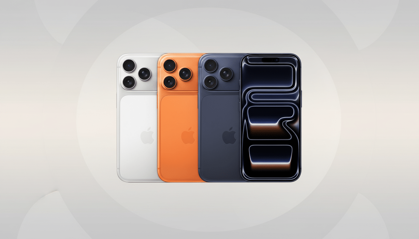Four smartphones in white, orange, dark blue, and black, arranged in a row against a professional flat design background with soft patterns.