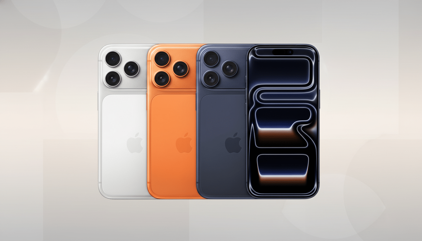Four smartphones in white, orange, dark blue, and black, arranged in a row against a professional flat design background with soft patterns and gradients.