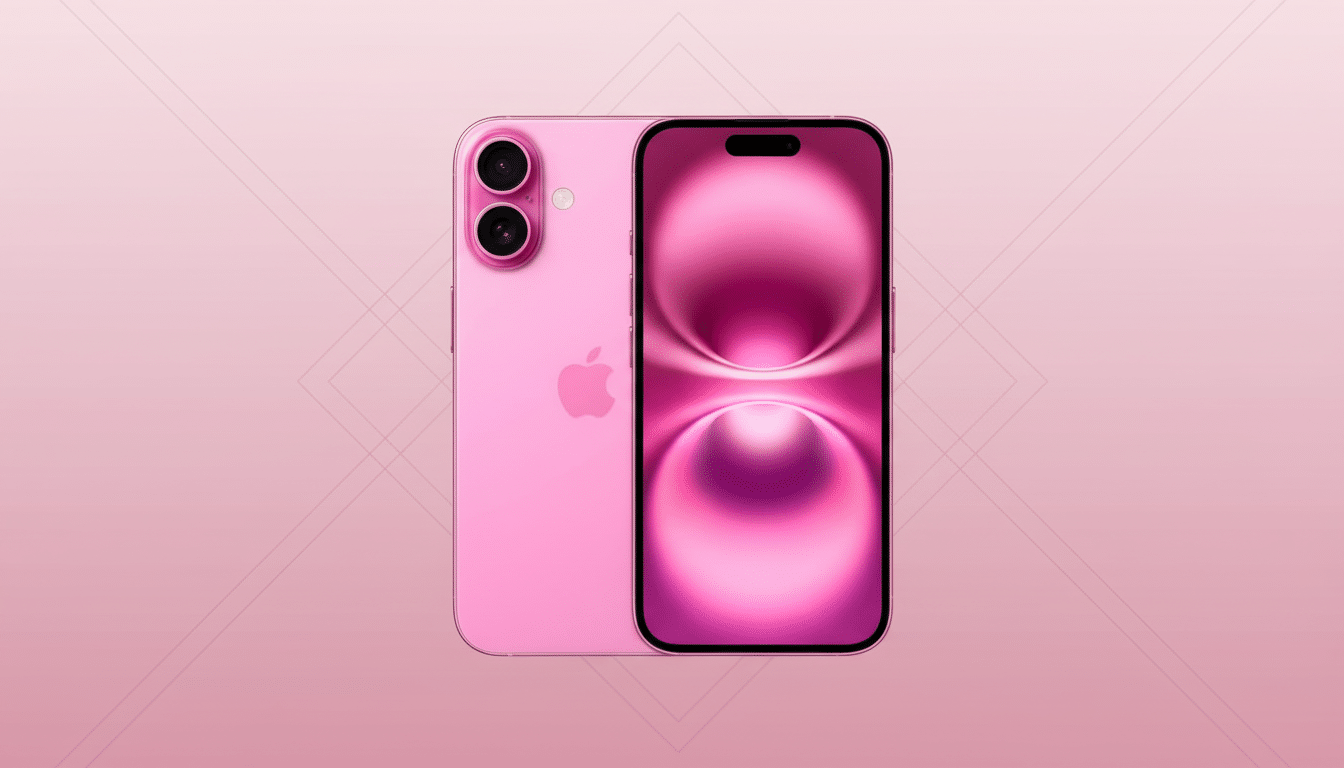 A pink smartphone with a dual-camera system on the back and a screen displaying a pink abstract design, set against a soft pink background with subtle geometric patterns.