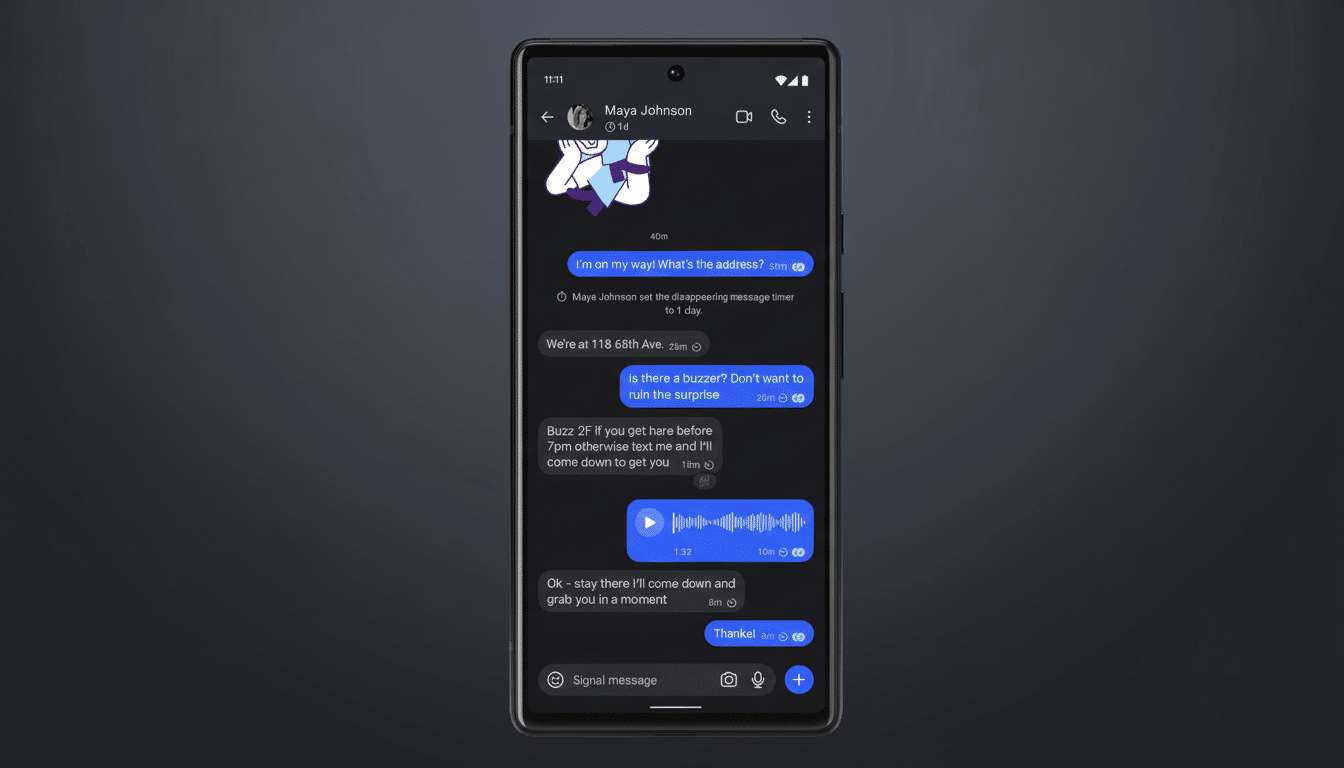 A smartphone displaying a Signal message conversation with a dark theme.