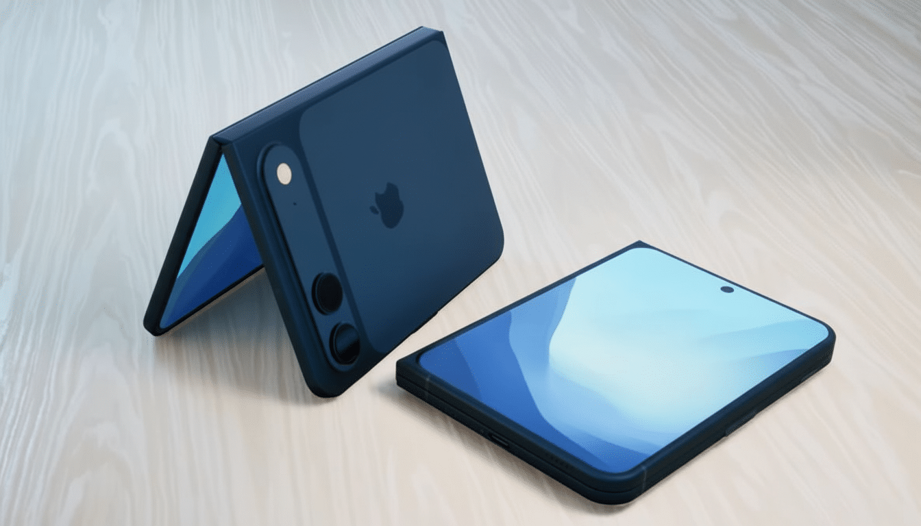 A dark blue foldable smartphone, partially folded and standing upright, next to another identical phone lying flat, both displaying a light blue screen.