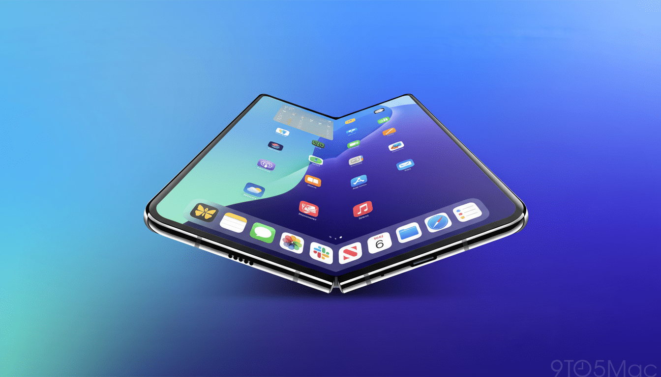 A foldable smartphone with a vibrant app display, set against a professional gradient background.