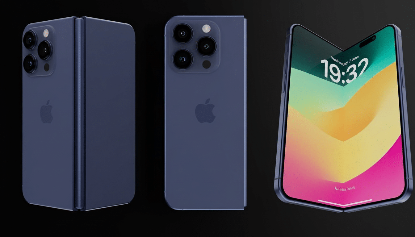 A dark blue foldable iPhone is shown in three different views against a black background. On the left, the phone is folded, showing its side and back with three camera lenses. In the center, the phone is unfolded, displaying its back with the Apple logo and three camera lenses. On the right, the phone is partially folded, revealing its screen with a colorful wallpaper and the time 19:32.