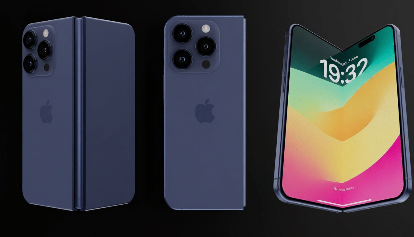 A 16:9 aspect ratio image showcasing three views of a dark blue foldable iPhone concept against a black background. The left shows the phone folded, the middle shows the back, and the right shows the phone partially unfolded displaying a colorful screen.