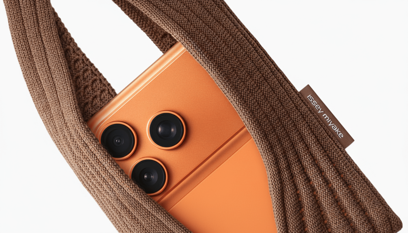 A close-up of an orange smartphone with three camera lenses, partially encased in a brown knitted fabric with an ISSEY MIYAKE tag.