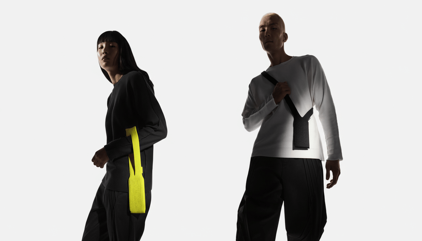 Two individuals, one wearing a black outfit with a bright yellow bag and the other in a white top and black pants with a dark bag, are posed against a white background.