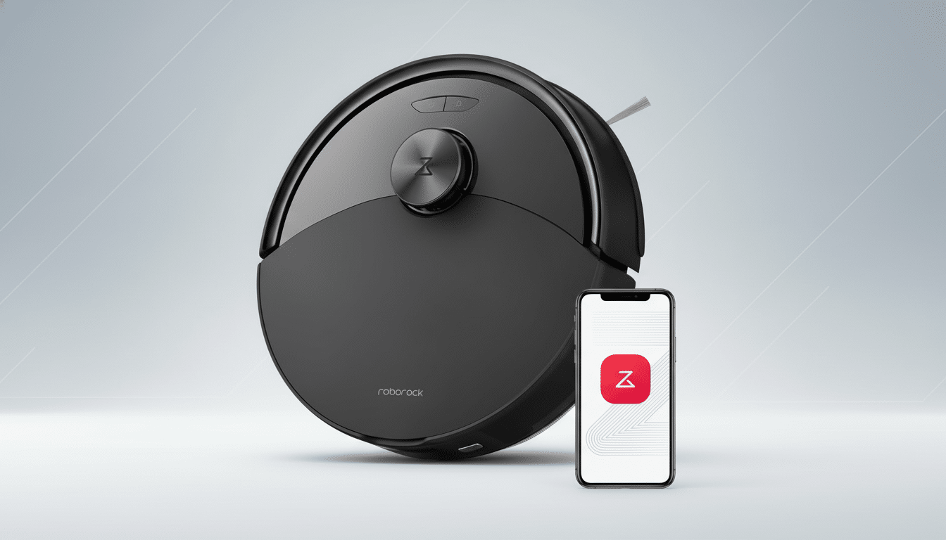 A black Roborock robot vacuum cleaner and a smartphone displaying the Roborock app, set against a professional flat design background with soft gradients.