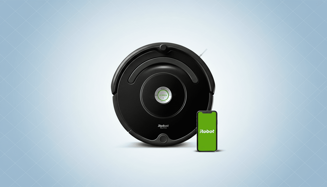 A black iRobot Roomba vacuum cleaner and a smartphone displaying the iRobot app, set against a professional light blue gradient background with subtle grid patterns.
