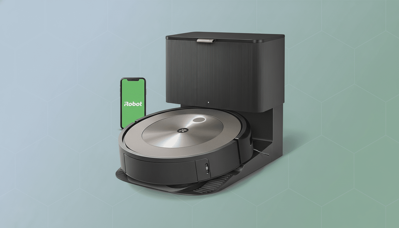 A black iRobot Roomba j7+ robot vacuum with a self-emptying base and a smartphone displaying the iRobot app, set against a professional flat design background with soft patterns and gradients.