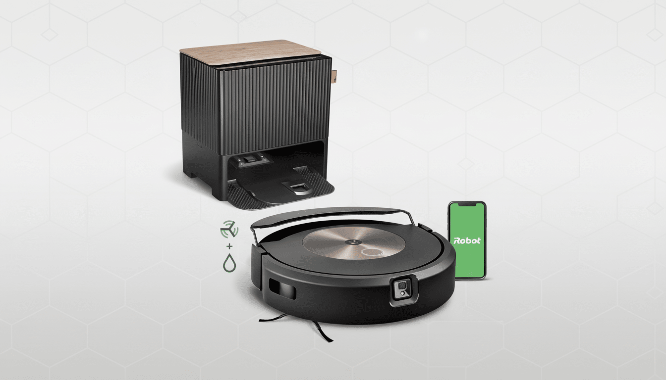 A black iRobot Roomba j7+ robot vacuum and its self-emptying base station, with a smartphone displaying the iRobot app, set against a professional flat design background with soft geometric patterns.
