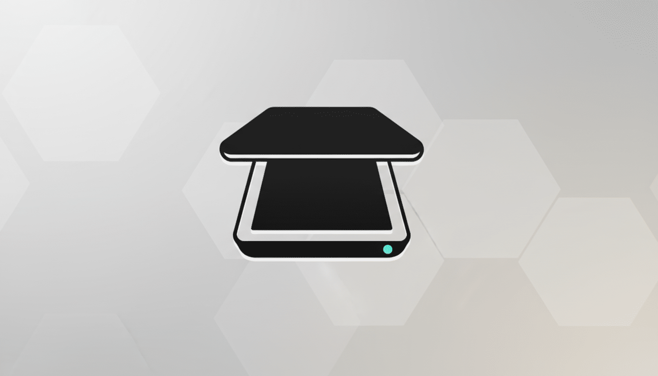 A black and white scanner icon with a blue light, set against a professional light gray background with subtle hexagonal patterns.