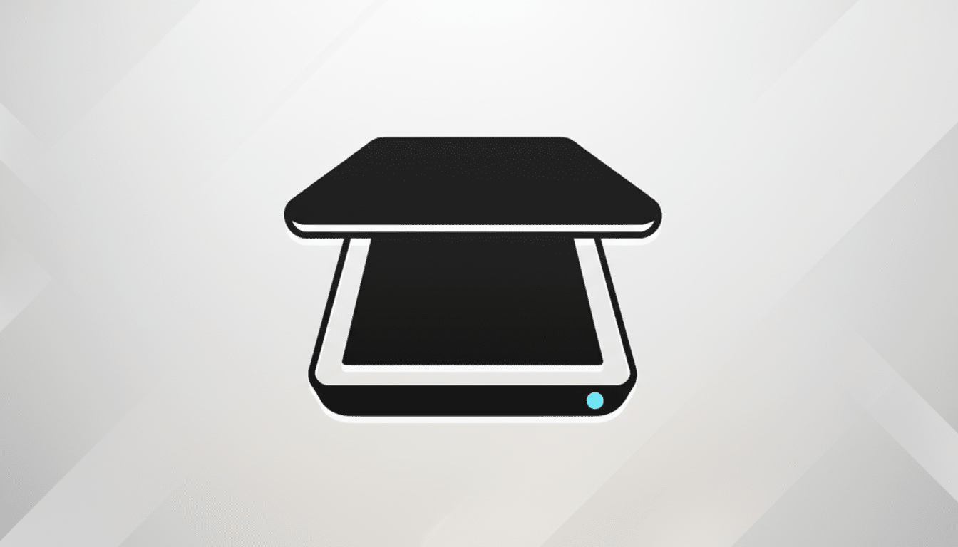 A black and white scanner icon with a blue light, set against a professional flat design background with soft gray patterns.