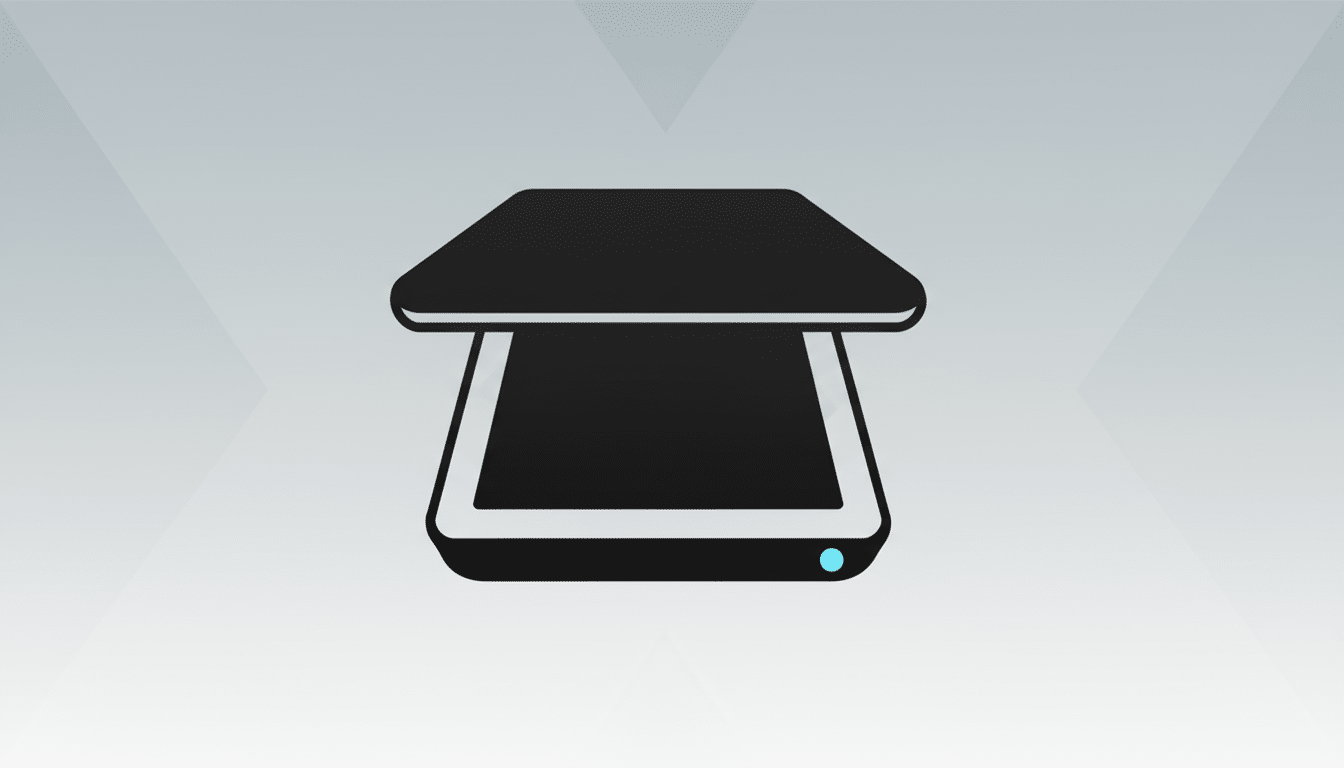A black and white scanner icon with a blue light, set against a professional gray background with subtle geometric patterns.