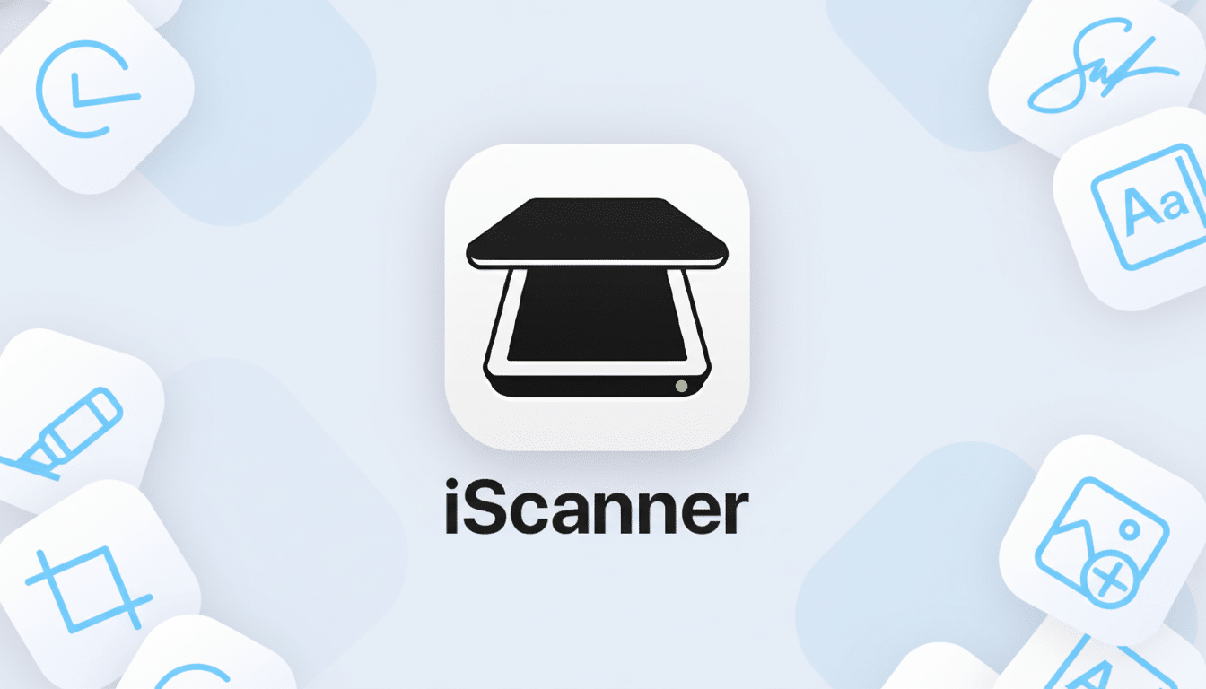 The iScanner app logo, featuring a black scanner icon on a white rounded square, centered on a light blue background with various light blue app icons scattered around the edges. The image has been resized to a 16:9 aspect ratio.