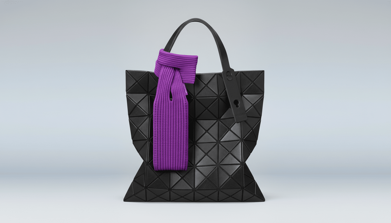 A black geometric tote bag with a bright purple knitted scarf tied to its handle, presented on a professional light gray gradient background.