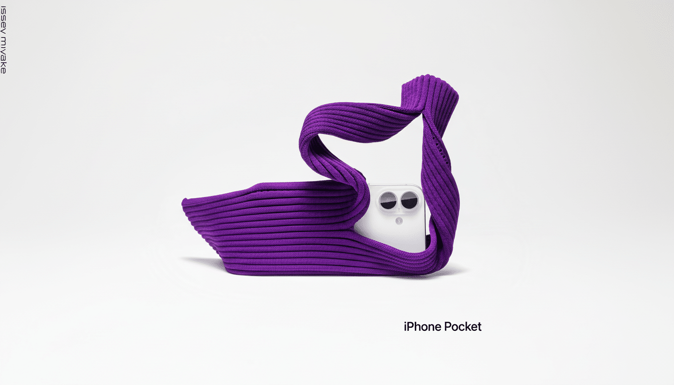 A white iPhone is nestled within a purple, ribbed, woven fabric that forms a sculptural, abstract shape on a clean white background. The text ISSEY MIYAKE is vertically aligned on the left, and iPhone Pocket is at the bottom right.