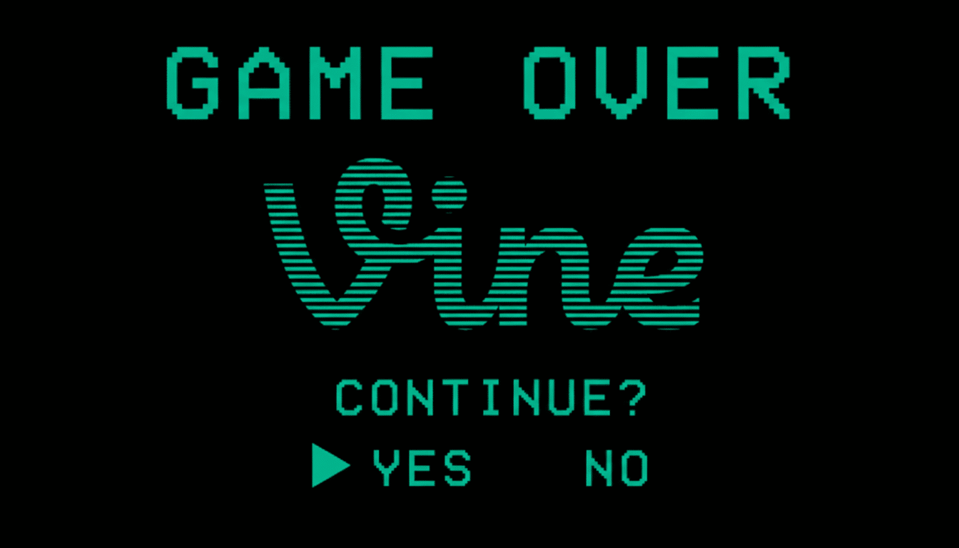 The image displays a GAME OVER screen with the Vine logo and the question CONTINUE? YES NO in a retro pixelated font.