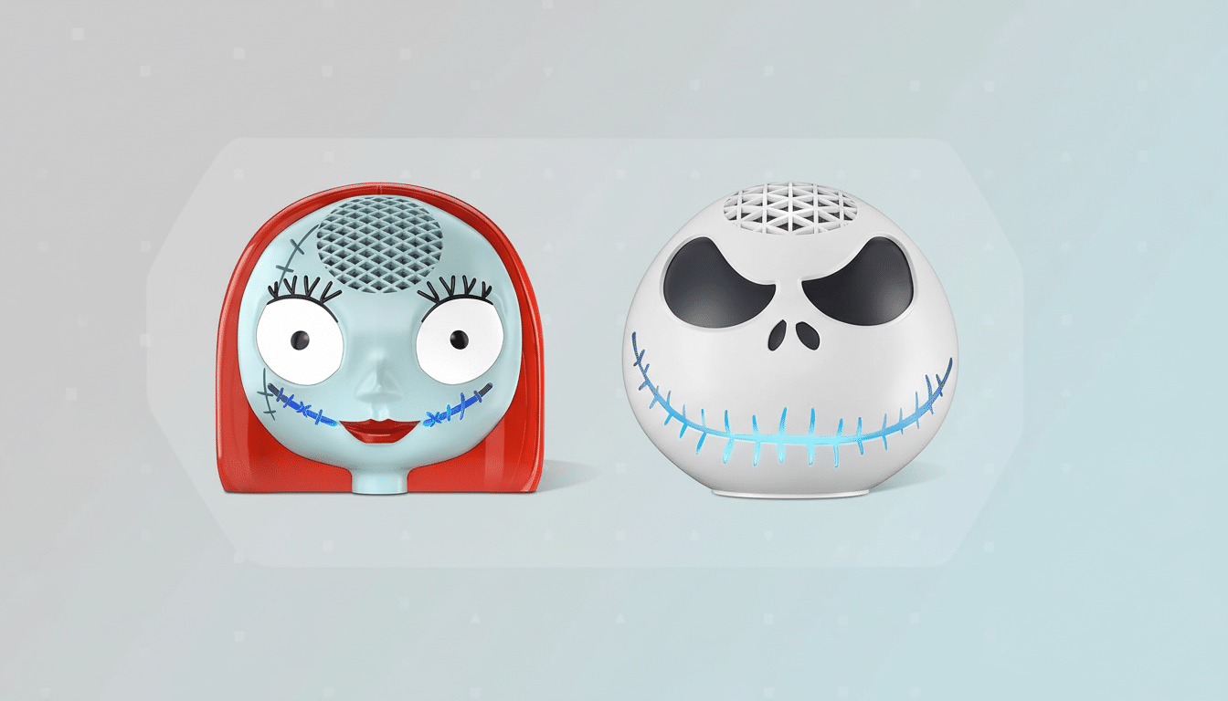 A 16:9 aspect ratio image featuring two Nightmare Before Christmas themed Bluetooth speakers. On the left is a speaker shaped like Sallys head, with red hair, light blue skin, and stitched facial features. On the right is a speaker shaped like Jack Skellingtons head, white with black eye sockets and a stitched smile that glows blue. Both speakers are presented on a professional flat design background with soft blue and grey gradients and subtle geometric patterns.