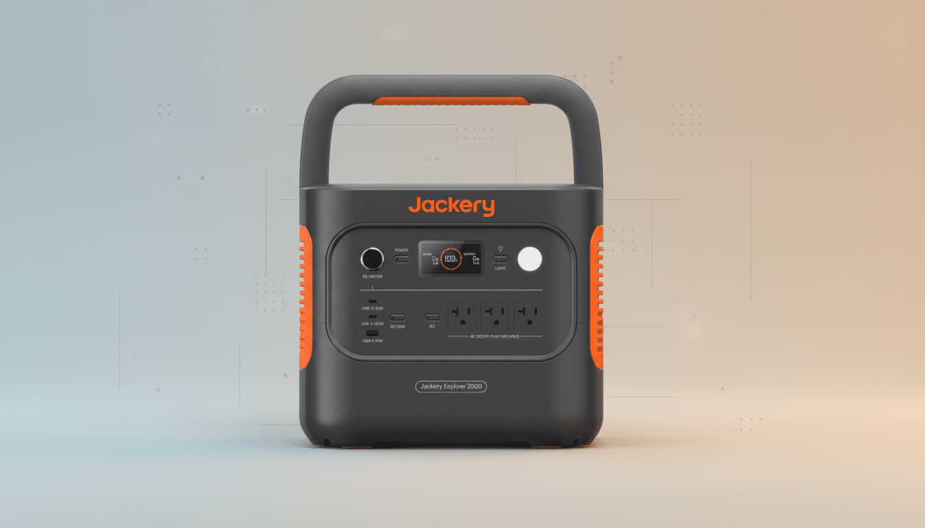 A Jackery Explorer 2000 portable power station with a dark gray body and orange accents, featuring multiple power outlets and a digital display, set against a professional flat design background with soft gradients.