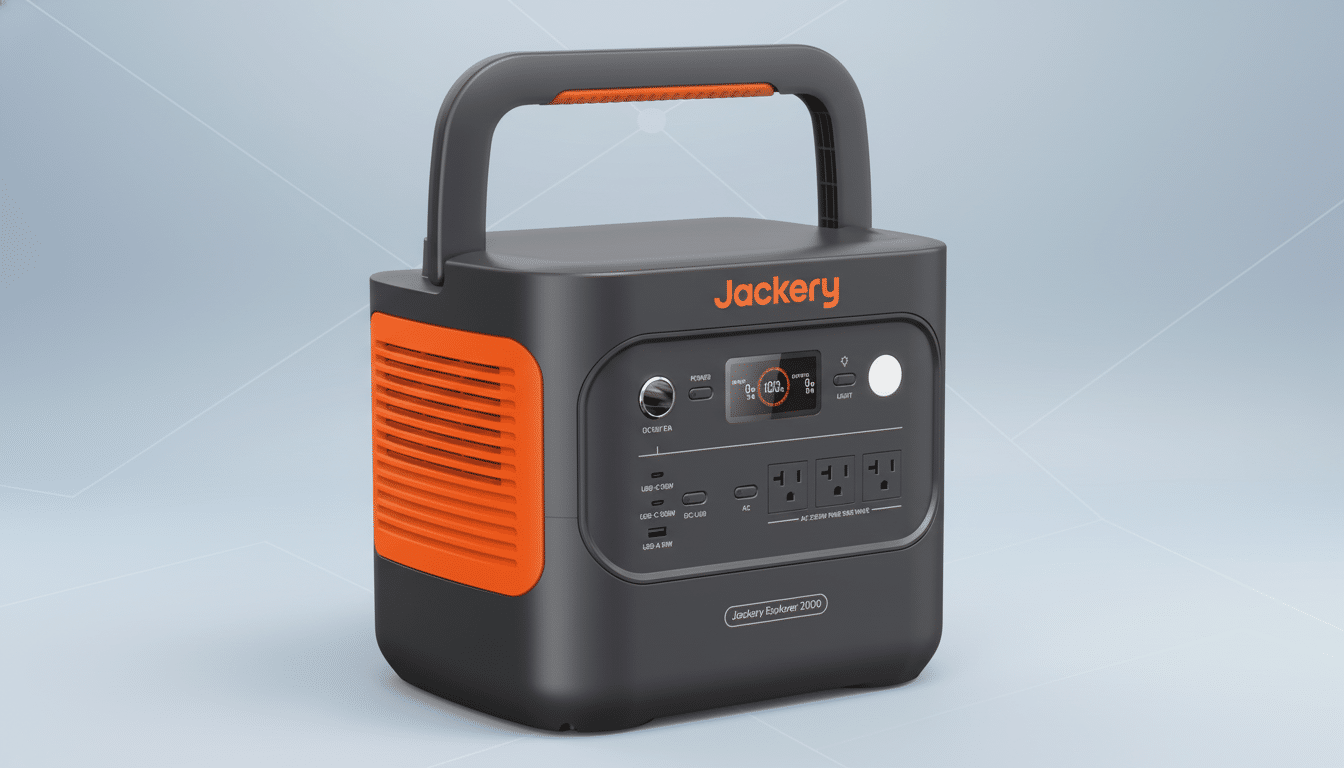 A Jackery Explorer 2000 portable power station, dark gray with orange accents, on a professional flat design background with soft gradients.