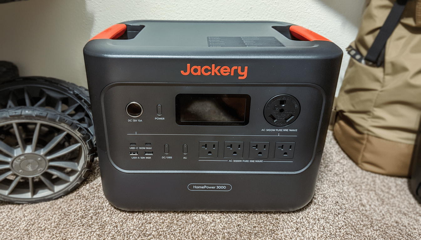 A Jackery HomePower 3000 portable power station, black with orange accents, featuring multiple power outlets and ports, set against a neutral background.