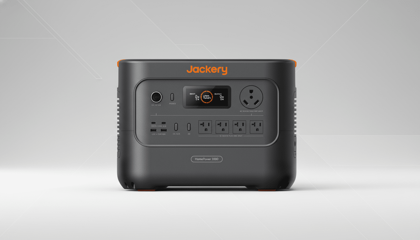 A Jackery HomePower 3000 portable power station with a professional flat design background.