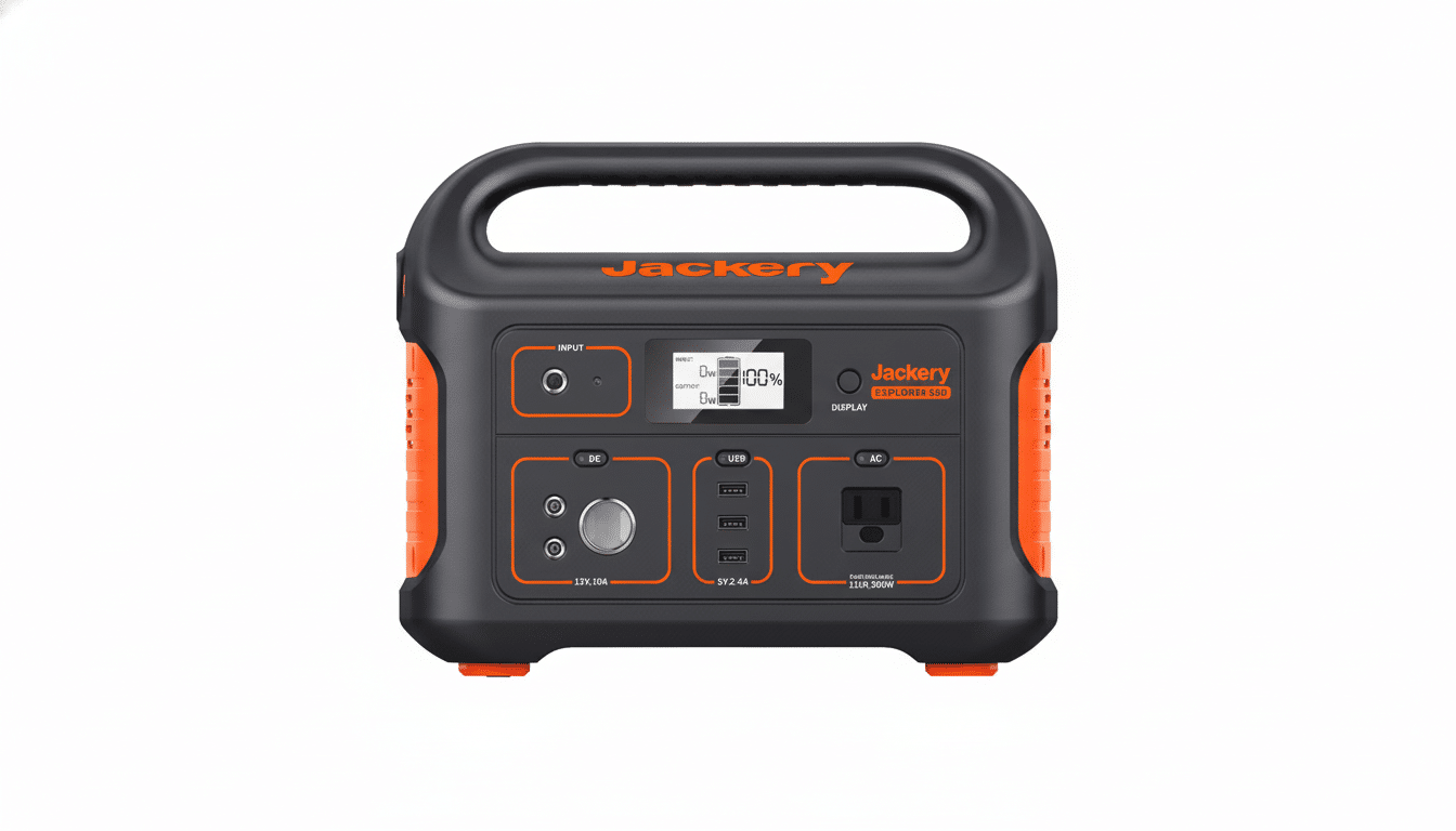 A Jackery Explorer 500 portable power station, black with orange accents, is centered on a clean white background.