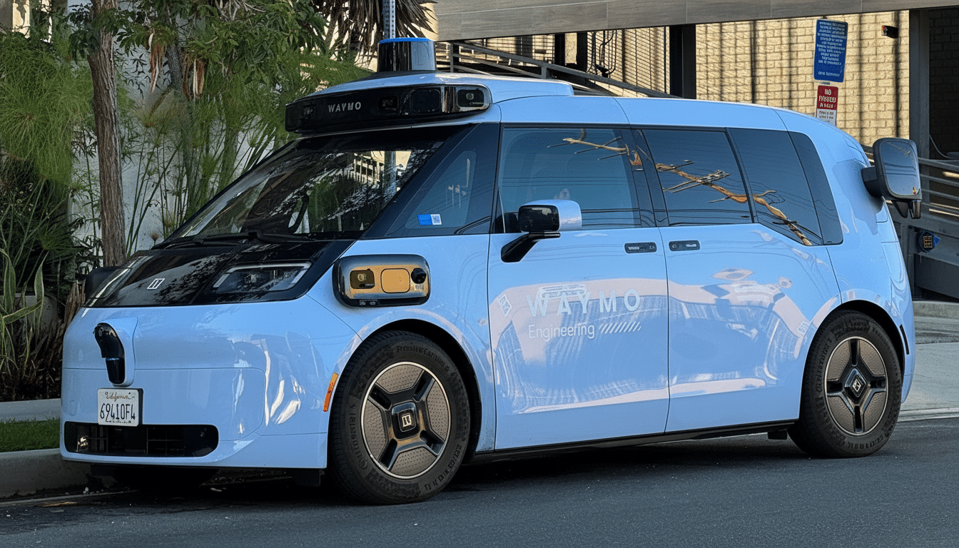 A light blue Waymo self-driving car parked on a street with trees and buildings in the background.