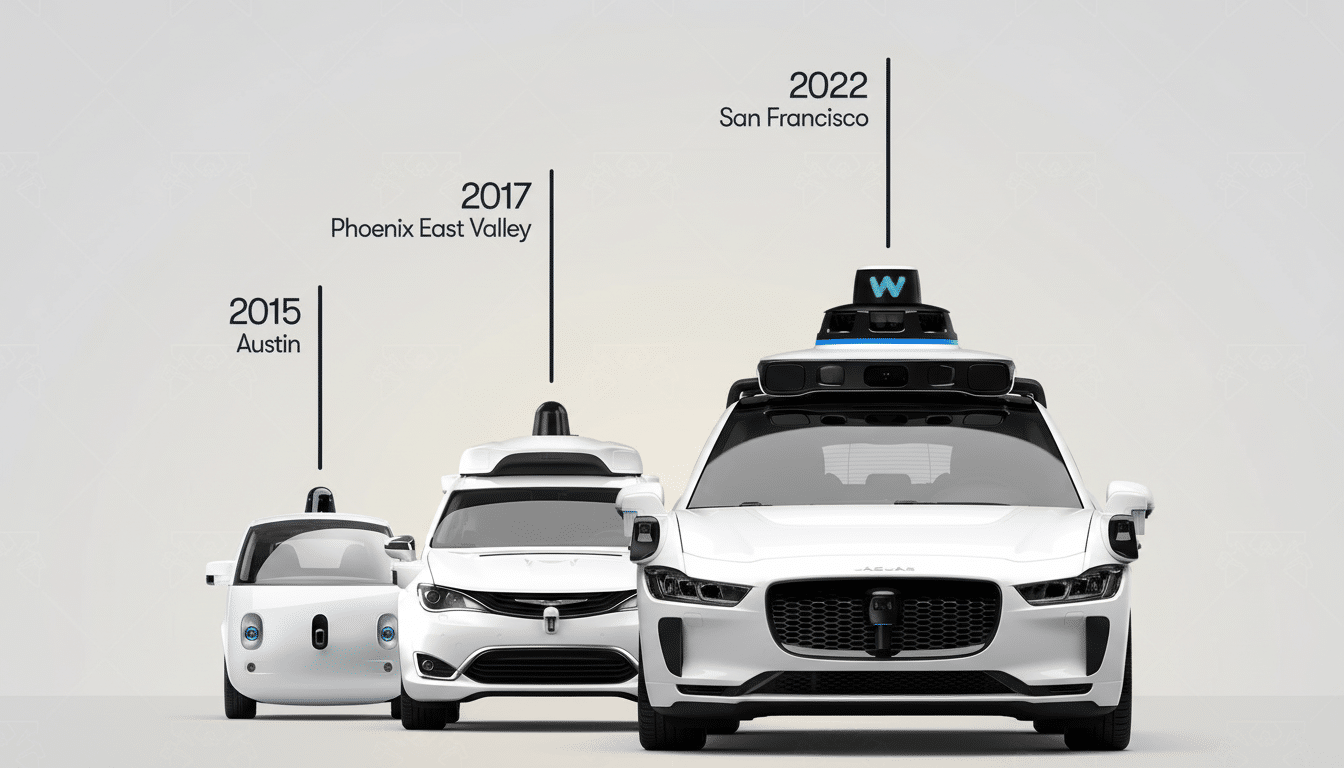 A timeline showing the evolution of Waymos self-driving cars from 2015 to 2022, with three white autonomous vehicles of different models lined up.