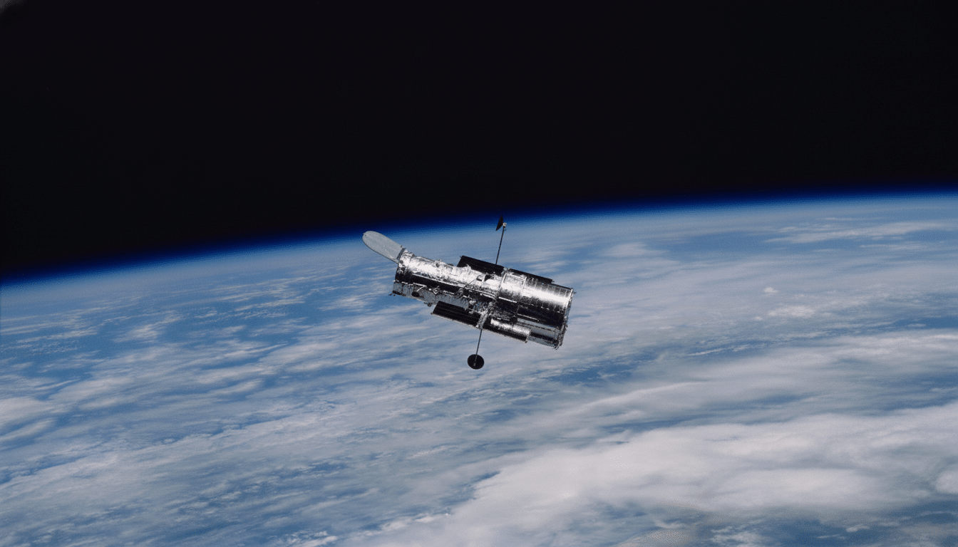 The Hubble Space Telescope orbiting above Earth, with the dark expanse of space above and a blue-white cloud-covered Earth below, resized to a 16:9 aspect ratio.